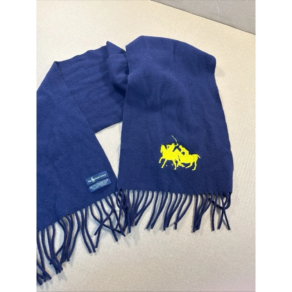 Polo Ralph Lauren 100% Lambswool Scarf‎ Navy Fringe Yellow 2 Pony Logo 60